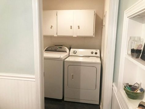 7 Laundry Room Makeovers That'll Make You Want to Do Your Laundry Here Mason Jar Lights Diy, Jar Lights Diy, Cabinets In Laundry Room, Dingy Basement, Tv Tray Makeover, Laundry Room Makeovers, Easy Burlap Wreath, Tray Makeover, Easiest Burlap