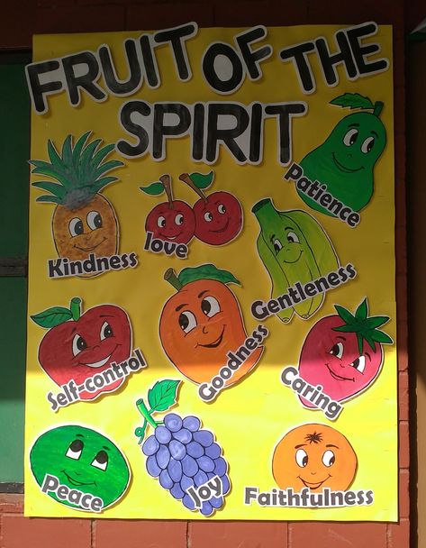 School Bulletin Board, Fruits of Spirit Board, Thermocol Craft for kids Fruits Of Spirit, Fruit Of The Spirit Craft, Soft Board Decoration, School Wall Decoration, Kids Bulletin Boards, Classroom Charts, School Kids Crafts, Diy Classroom Decorations, School Board Decoration