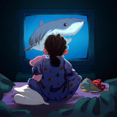 Alone by Jule GoerkeIllustration during Childhood Week about watching TV alone at night Watching Tv At Night, Tv At Night, Illustration Challenge, Alone At Night, Self Portrait Art, Watch Drawing, Back Drawing, 2560x1440 Wallpaper, Night Illustration