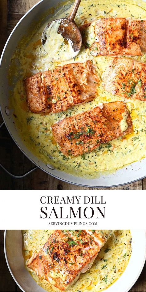 Salmon in Creamy Dill Sauce Dill Salmon Recipes, Dill Recipes, Dill Salmon, Creamy Dill Sauce, Fish Dinner Recipes, Seafood Entrees, Best Seafood Recipes, Dill Sauce, Salmon Dinner