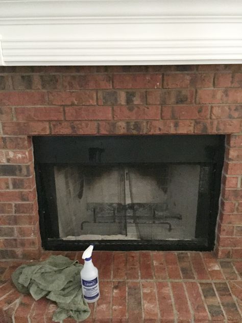 Fireplace Brick Cover, Refresh Red Brick Fireplace, Redoing A Brick Fireplace Ideas, Dark Red Brick Fireplace, Red Brick Fireplace White Mantle, Brick Staining Fireplace, Brick Mantle Ideas, Brick Fireplace Shelving Ideas, Used Brick Fireplace