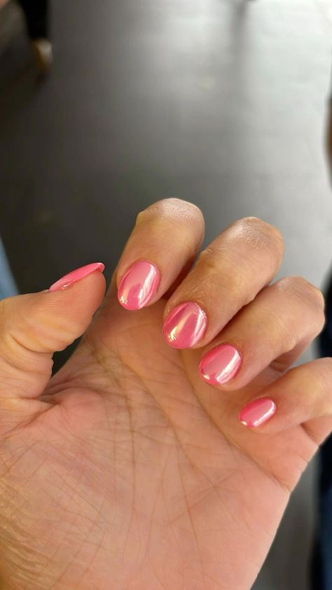 Short Pink Glazed Nails, Nail Designs Really Short Nails, Coral Pink Chrome Nails, Really Short Pink Nails, Coral Nails With Chrome, Valentine Nails Chrome, Cute Really Short Nails, Pink Chrome Short Nails, Short Pink Chrome Nails