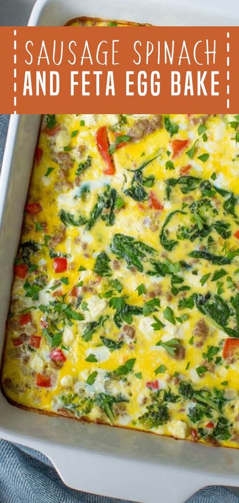 A healthy spring recipe made from a few fresh and simple ingredients! Sausage, Spinach and Feta Egg Bake is a versatile meal packed with flavor and nutrients. Kids and adults will love this hearty spring season food throughout the week! Save this breakfast menu idea! Egg Casserole Recipes Healthy, Feta Egg Bake, Spinach Egg Casserole, Healthy Egg Bake, Broccoli Red Pepper, Comfort Breakfast, Sausage Egg Bake, Quick Breakfasts, Healthy Spring Recipes