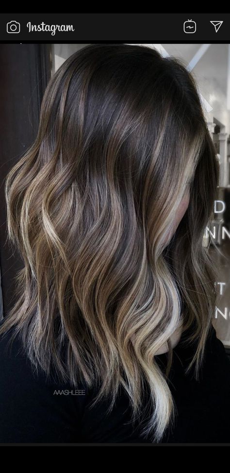 Cool Blonde Balayage Brunettes, Dark Hair With Baylage, Going Dark To Light Hair Brunettes, Summer To Fall Hair Transition, Dark Hair Baylage Ideas, Dark Brunette Balayage Hair Medium Length, Medium Dark Ombre Hair, Brown Biolage Hair Brunettes, Partial Balyage Long Hair Brunettes