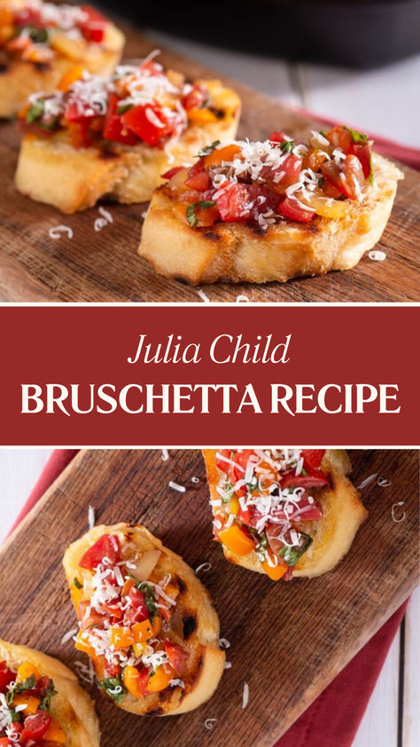 Julia Child Bruschetta Recipe Recipes Using Baguettes, What To Make With A Baguette, Recipes With Baguette Bread, Fresh Bruschetta Recipe, Baguette Bruschetta, Strawberry Bruschetta Appetizers, Julie And Julia Bruschetta, Baguette Appetizers, Bruschetta On Baguette