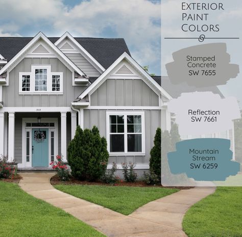 Teal House Paint Exterior, Blue Green Exterior House Colors Sherwin Williams, Gray Beach House Exterior, Light Gray House Exterior White Trim, Grey Blue Exterior House Colors, Blue Gray Exterior House Colors, Greige Exterior House Colors, Best House Colors Exterior, Grey House Exterior