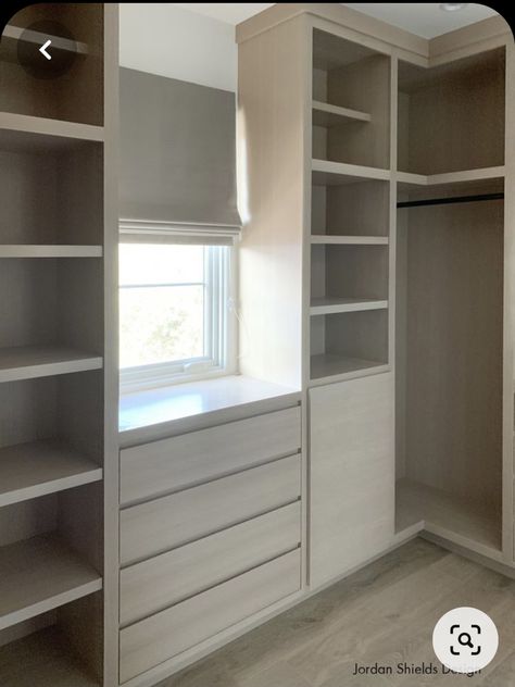 Closet Organization With Window, Closet With Window In The Middle, Closet Near Window, Closet Organization Around Window, Walk In Closet Designs Layout With Window, Small Walk In Wardrobe Ideas With Window, Wardrobe Design Around Window, Custom Closet With Window, Closets With A Window