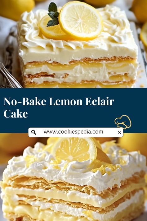 Looking for an easy, crowd-pleasing dessert? This No-Bake Lemon Eclair Cake layers graham crackers, creamy lemon pudding, and a smooth lemon frosting glaze for a refreshing treat! It’s simple to make and requires no oven—perfect for parties or a quick family dessert. Just chill, slice, and enjoy this bright, citrusy delight! Lemon Eclair, Pudding And Cool Whip, Lemon Delight, Refrigerated Desserts, Lemon Pudding Cake, Family Desserts, Eclair Cake, Lemon Frosting, Homemade Pudding