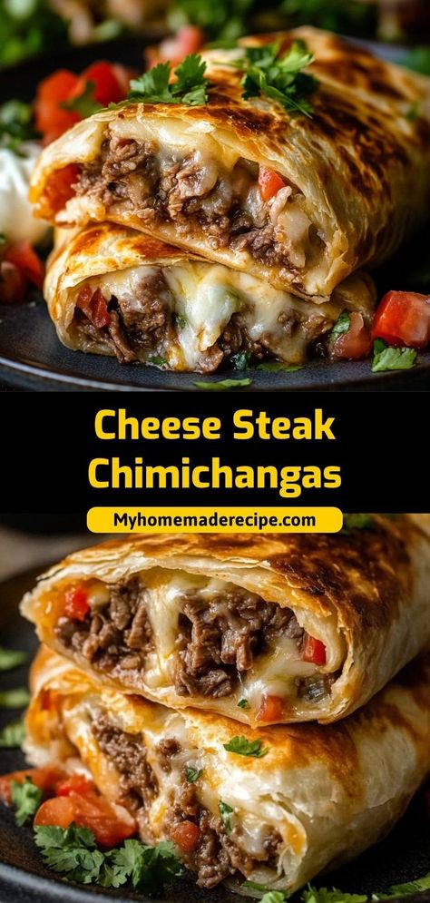 These Cheese Steak Chimichangas are a crispy, cheesy take on the classic Philly cheesesteak. Stuffed with beef, peppers, and cheese, they’re fried to golden perfection. Ingredients: 1 lb thinly sliced beef 1 cup shredded provolone cheese 1 bell pepper, sliced 4 flour tortillas A crispy, cheesy twist on a classic favorite—perfect for dinner or a fun snack Steakumm Recipes, Beef And Cheese Chimichangas, Steak Burrito Recipe, Chimichanga Beef, Steak Quesadilla Recipes, Steak Quesadilla, Chimichanga Recipe, Steak Wraps, Cheesesteak Recipe