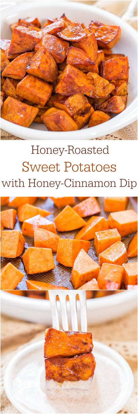 Honey-Roasted Sweet Potatoes with Honey-Cinnamon Dip - The honey glaze and the creamy cinnamon dip make these potatoes irresistible!! Easy, healthy side dish! Cinnamon Dip, Dip Food, Sweet Potato Cinnamon, Food Fall, Honey Cinnamon, Fall Recipe, Honey Glaze, Honey Roasted, Think Food