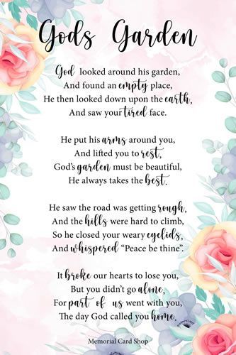 God's Garden Poem by Melissa Shreve - memorialcardshop.co.uk in 2022 | Garden poems, Memorial poems, Funeral poems for dad Celebration Of Life Poems, Grandma Poem, Garden Poems, Mum Poems, Sympathy Poems, Life Poems, Comforting Words, Dad Poems, Card Verses