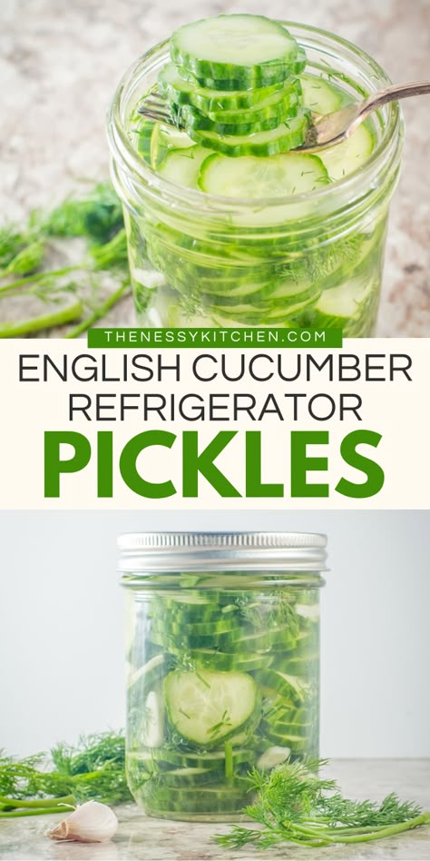 Learn how to make dill pickles! They're an easy 4th of July recipe. Crispy and crunchy, sweet and sour, these refrigerator pickles are the BEST. Great as a simple summer side dish, snack, and more! So, grab an English cucumber for this homemade condiment! How To Make Pickles From Cucumbers Easy, Pickled English Cucumbers, Simple Pickled Cucumbers, English Cucumber Pickle Recipes, How To Make Dill Pickles From Cucumbers, Refrigerator Dill Pickles Crunchy, English Cucumber Pickles, Sour Dill Pickle Recipe, English Cucumber Recipes