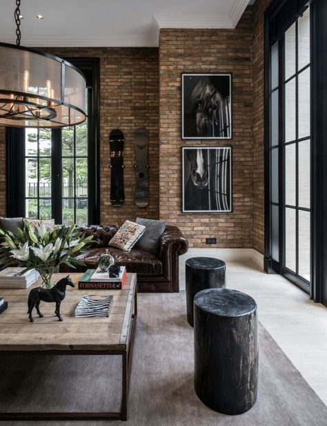 City Loft Decor, Industrial Modern Bedding, Industrial Chic Basement, Red Brick Home Interior, Modern Rustic Industrial Living Room, Restoration Hardware Living Room Inspiration, Rustic Industrial Decor Living Room, Living Estilo Industrial, Industrial Living Room Apartment