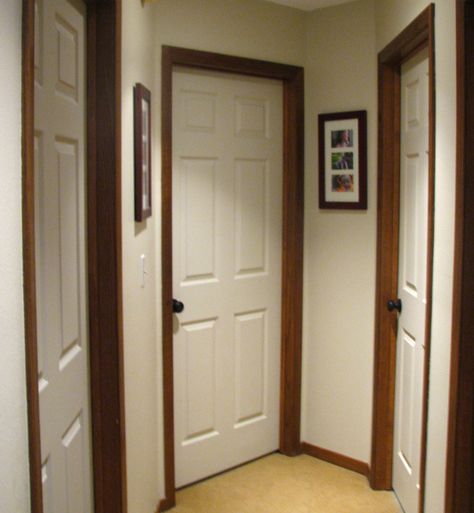 White Doors Wood Trim Interiors, White Doors With Dark Wood Trim, White Doors Oak Trim, Stained Trim With Painted Doors, White Door Brown Trim, White Doors Brown Trim, White Door With Oak Trim, White Doors With Stained Trim, Wood Trim And White Doors