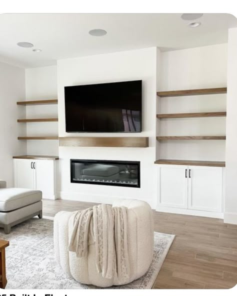 Built Ins With Gas Fireplace, Display Tv Wall, Half Wall Built In Shelves Fireplace, Floating Shelves With Cabinets Living Room, Shiplap Fireplace With Tv Built Ins, Tv Wall And Bookshelf Ideas, Built Ins Without Fireplace, Floating Shelves Tv Fireplace, Built In Cabinet Fireplace