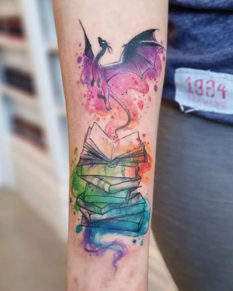 Book Dragon Tattoo, Watercolor Dragon Tattoo, Flat Slippers For Women, Book Inspired Tattoos, Watercolor Tattoo Sleeve, Watercolour Tattoos, Bookish Tattoos, Bestie Tattoo, Dragon Tattoo For Women