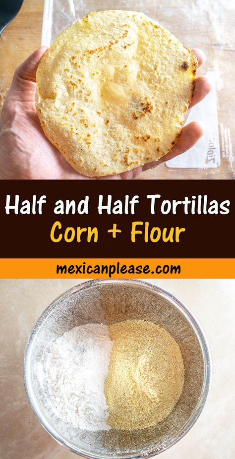 I finally got around to experimenting with a recipe for Half and Half Tortillas! These are tortillas that use both masa harina and wheat flour in the dough, giving you a more hearty tortilla that still has plenty of corn flavor. They're becoming increasingly popular so you may have seen them in your local markets, but you'll get quite an upgrade in flavor if you make your own and they are surprisingly easy to make. mexicanplease.com Homemade Corn Tortillas With Cornmeal, Healthy Corn Tortillas, Flour And Corn Tortillas, Corn Free Tortillas, Home Made Corn Tortillas Recipes, Corn Meal Tortillas Recipe, Corn Meal Tortillas Recipes, Half And Half Tortillas, Dinner Tortilla Recipes