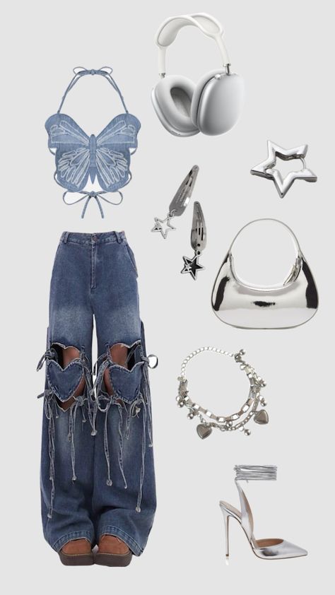 #butterfly#cute#silver#Y2k#hearts# jeans#winxvibes#outfitinspo #kpop #outfit Y2k Hearts, Silver Y2k, Korean Street Fashion Men, Butterfly Cute, Skz Concert, Kim Yuna, Kpop Concert Outfit, Downtown Outfits, Kpop Concert