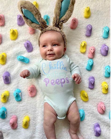 #easter #babypictures #bunny #chillinwithmypeeps #peeps #baby Baby Boy Easter Pictures, Baby Easter Photoshoot, Baby Month Pictures, Easter Baby Photoshoot, Monthly Picture Ideas, Baby Holiday Pictures, Holiday Baby Pictures, Milestone Picture Ideas, Baby Easter Pictures