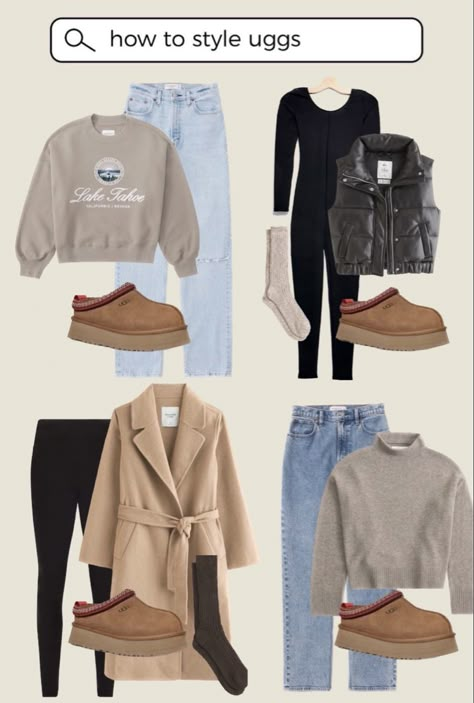 How To Wear Ugg Tazz, Outfits With Slipper Uggs, Ugg Casual Outfit, How To Style Ugg Slippers Outfits, Uggs Outfit Slippers, Ugg Tazz Platform Slippers Outfit, Ugh Tazz Outfits, Ugg Tazz Slippers Outfits, Style With Ugg