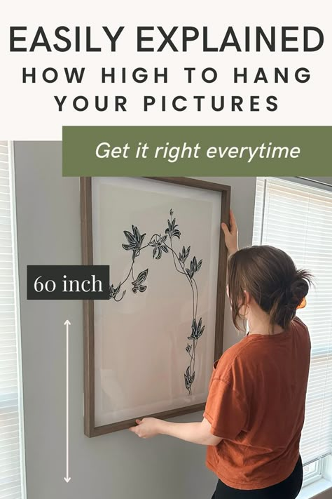 How to hang pictures on high wall How High To Hang Pictures Above Bed, How To Hang Pictures On Wall, Home Decor Diy Ideas Creative, Picture Above Bed, Pictures Over Bed, Diy On A Budget Home Decor, Picture Hanging Height, Picture Hanging Tips, Pictures Above Bed