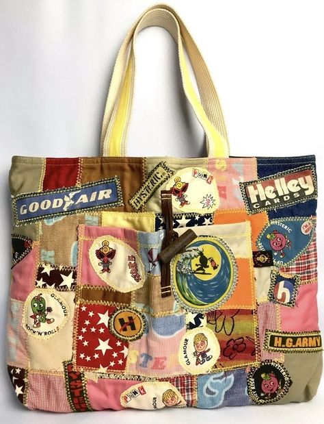 hysteric glamour reversible patchwork bag Tote Bag Aesthetic Outfit, Patchwork Aesthetic, Upcycled Tote, Patchwork Tote Bags, Bag Patches, Reversible Tote Bag, Diy Tote, Aesthetic Bags, Reversible Tote