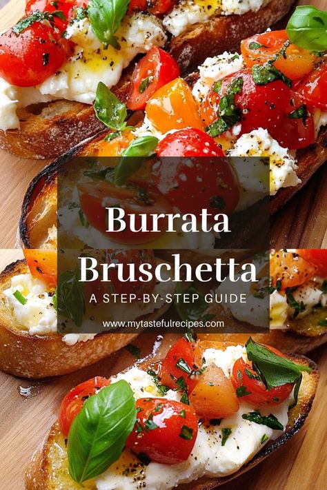 Dive into summer flavors with this easy Burrata Bruschetta! Creamy burrata, fresh tomato basil topping, and toasted garlic bread create a delightful appetizer for your guests. Bruschetta And Burrata, Bruschetta With Pesto, Burrata Caprese Toast, Burrata On Toast, Brushetta Appetizers Burrata, Bruschetta With Burrata, Appetizers With Burrata Cheese, Buratta Crostini, Tomato Basil Appetizer