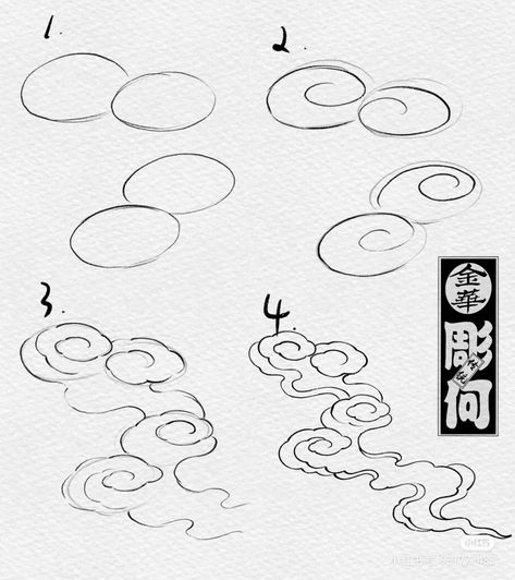 How To Draw Chinese Clouds, How To Draw Japanese Clouds, Chinese Clouds Drawing, How To Draw Japanese, Japanese Drawing Style, Japanese Cloud Design, Asian Clouds Drawing, Drawing Clouds Tutorial, Cloud Drawing Reference