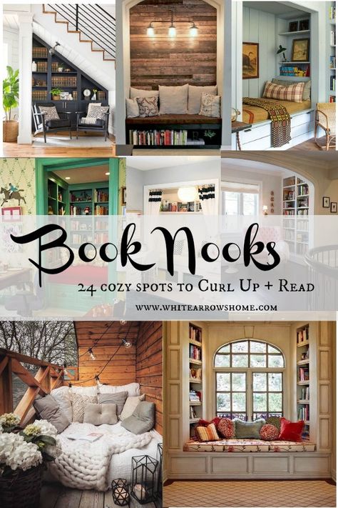 Book Nooks- 24 Cozy Spots to Curl Up + Read ~ White Arrows Home Library Nooks Ideas, Diy Book Bench Reading Nooks, Reading Chairs Comfy Nook, Home Library Design Ideas Cozy, Books Nook Ideas, Home Library Rooms Cozy, Reading Loft Ideas Small Spaces, Library Style Bedroom, Living Room Nooks