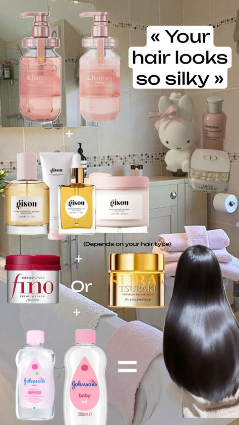 #silkyhair #hair #haircare #fino #tsubaki #honeyshampoo #gisou #gisouhair #babyoil How to make your hair look silky and healthy���🛁🫧🎀 Natural Hair Care Routine, Beauty Treatments Skin Care, Healthy Hair Routine, Colored Hair Tips, Hair Growing Tips, Diy Skin Care Recipes, Hair Growing, Curly Hair Styles Easy, Hair Stylies