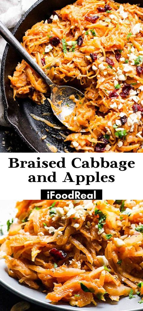 This Braised Cabbage and Apples recipe transforms cabbage into a sweet and savory tender vegetable side dish perfect to accompany all your seasonal mains. It’s easy to make and ready in less than 45 minutes! Cabbage And Apples Recipes, Braised Cabbage Recipes, Cabbage Breakfast, Apples And Cabbage Recipe, Cabbage And Apples, Thanksgiving Vegetarian, 30 Minute Meals Healthy, Apple Dishes, Braised Cabbage