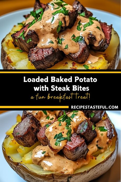 Loaded Baked Potato With Steak, Baked Potato With Steak, Steak And Baked Potato, Baked Potato Dinner, High Protein Foods List, Baked Steak, Steak Potatoes, Easy Weekday Meals, Potato Dinner