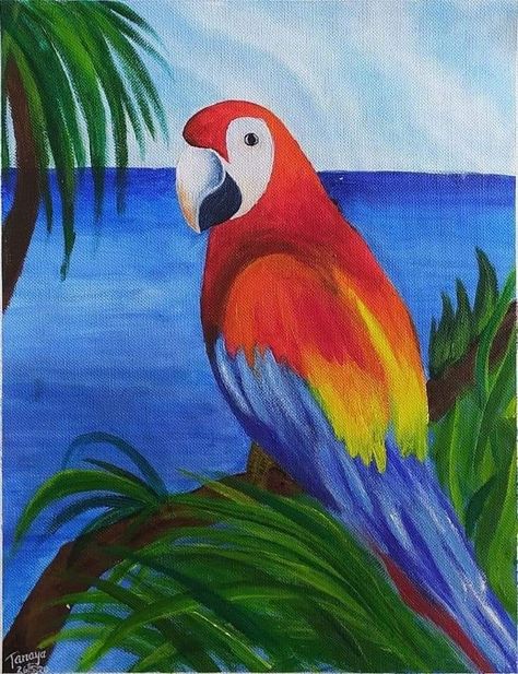 Parrot Painting Acrylic Easy, Summer Simple Paintings, Animal Paintings Easy, Nature Painting Ideas Easy, Hummingbird Art Drawing, Bird Acrylic Painting, Painting Parrot, فن النسيج, Parrot Drawing