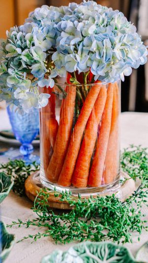 Carrot Centerpiece Peter Rabbit Centerpiece Ideas, Peter Rabbit Diy, Carrot Centerpiece, Tulip Centerpiece, Bunny Birthday Party, Baby Shower Table Decorations, Faux Hydrangea, Creative Flower Arrangements, Bunny Birthday