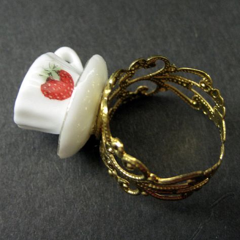 Teacup Ring, Strawberry Jewelry, Strawberry Ring, Tea Jewelry, White Flower Earring, Aesthetic Rings, Female Protagonist, Silver Post Earrings, Cool Jewelry