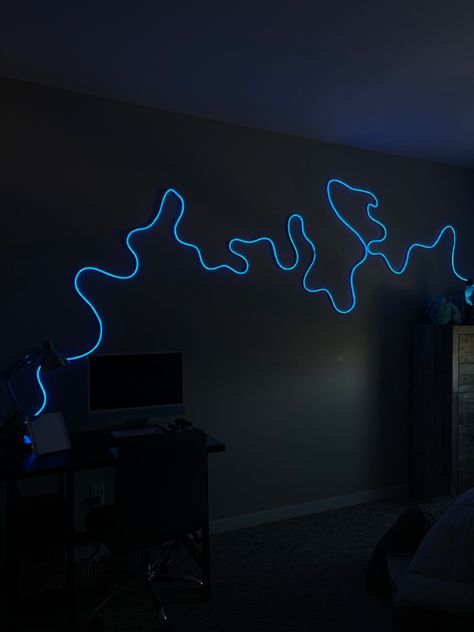 Led Wall Art Bedroom, Led Setup Room, Neon Strip Lights Design, Bendy Led Lights, Led Rope Lights Bedroom Wall, Wave Led Light, Unique Led Lighting Ideas, Led On Wall, Flexible Led Strip Lights Ideas