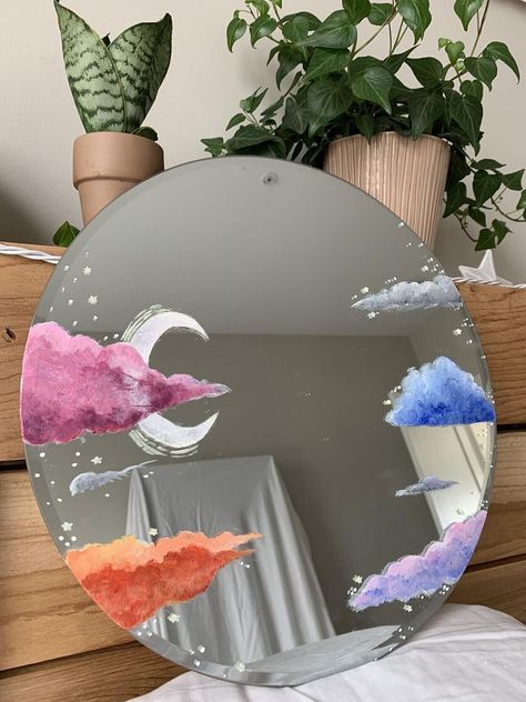 Mirror Painting Ideas, Painted Mirror Art, Hand Painted Mirrors, Cloud Mirror, Mirror Paint, Indie Room, Mirror Painting, Aesthetic Painting, Cute Room Decor