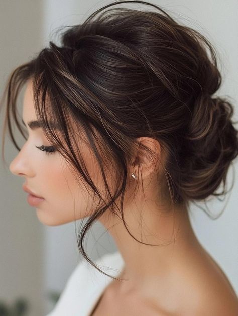 Messy Bun Styles for Short Hair: Effortless and Chic Looks for 2024 Short Updo Bridesmaid Hair, Messy Hair For Wedding, Hair Up On Short Hair, Messy Bun For Short Hair Wedding, Bridesmaid Updo For Short Hair, Bride Hair Updo Elegant, Hairstyles Bun For Short Hair, Messy Bun Wedding Hair With Veil, Bob Up Do Hairstyles