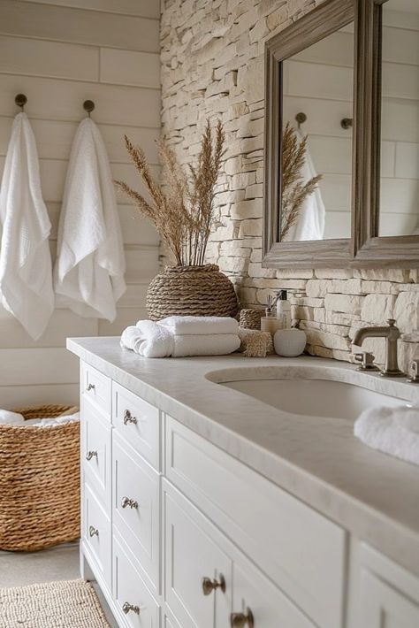 Bathroom Open Shelves, Coastal Farmhouse Bathroom Ideas, Coastal Theme Bathroom, Small Coastal Bathroom Ideas, Small Coastal Bathroom, Coastal Farmhouse Bathroom, Vibe Bathroom, Farmhouse Master Bath, Pebble Shower Floor