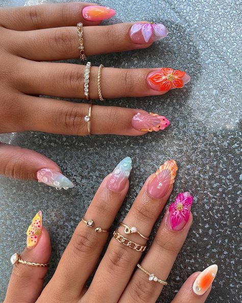 Gel-X By Jen | flawless🌸🤍✨🫧🏝🧡 - #longislandgelx #longislandnailtech #summernailinspo #3dflowernails #sculptedflowernails | Instagram Hawaiian Nails, Y2k Designs, Hawaii Nails, Cruise Nails, Spring Break Nails, Tropical Nails, Wow Nails, Tie Dye Nails, Broken Nails