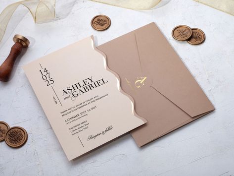 Opulent Beige Card, Wavy Cut, Gold Foil Accents Elegant Sand Beige Invitation Set With a Wavy Border - Etsy Australia Beige Invitation, Wedding Invitation Layout, Embossed Invitations, Blush Pink Wedding Invitations, Ivory Wedding Invitations, Invitation Layout, Burgundy Wedding Invitations, Navy Wedding Invitations, Beige Wedding