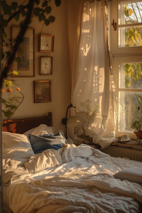 Cottagecore Bedroom Inspirations - Quiet Minimal Country Home Aesthetic Bedroom, Room Decor Rustic, Warm Room Aesthetic Bedroom, Bedroom Vintage Ideas, Vintage Rustic Bedroom, Atmospheric Bedroom, Cosy Vintage Bedroom, Cute Vintage Bedroom, Natural Aesthetic Bedroom