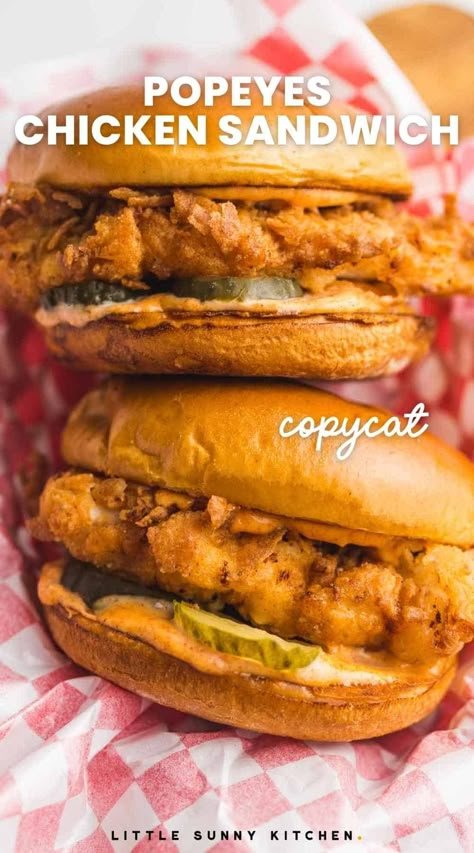 This Homemade Popeye’s Chicken Sandwich is a crispy, savory, fried chicken cutlet on a buttery brioche bun, topped with spicy mayo and tangy pickles. Popeyes Spicy Chicken Sandwich, Spicy Chicken Sandwich Recipe, Chicken Breast Sandwich Recipes, Sandwich Alternatives, Popeyes Chicken Sandwich Recipe, Popeyes Spicy Chicken Recipe, Popeyes Chicken Sandwich, Fried Chicken Breast Recipe, Chicken Breast Sandwich