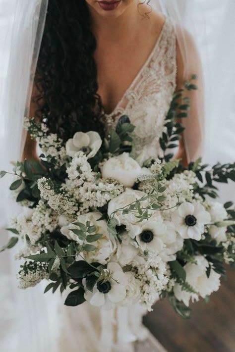 36 Black, Green and White Wedding Color Ideas for Spring | My Deer Flowers Greenery Wedding Bouquet, White Flower Bouquet, Winter Wedding Flowers, White Wedding Bouquets, White Wedding Flowers, White Peonies, White Bouquet, Wedding Flower Arrangements, Wedding 2024