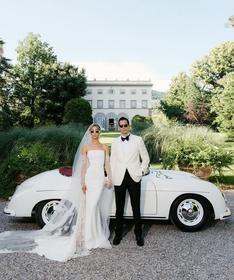 Classic Car For Wedding, Wedding Couple Seat, Aston Martin Wedding Car, Bride And Groom Sunglasses Photo Ideas, Vintage Style Wedding Photoshoot, Convertible Wedding Pictures, Vintage Wedding Shoot Photography, Wedding Photo Spot Ideas, White Satin Dress Engagement Photos