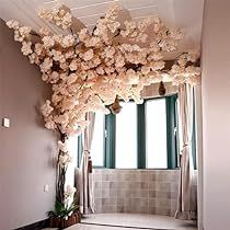 Unique Room Design, Flower Door Decorations, Room Tree Decor, Cherry Blossom Interior, Cherry Blossom Bathroom, Fake Plant Wall, Cherry Blossom Nursery, Wall With Flowers, Room Window Decor