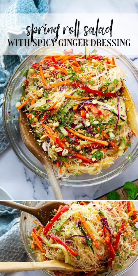 Loaded Veggie Recipes, Veggie Side Salad Recipes, Thai Spring Roll Salad, Sides For Spring Rolls, Spring Roll Noodle Bowl, Fresh Veggie Snacks, Bowl Dinners Recipes, Rice Paper Roll Salad, Skillet Lunch Ideas