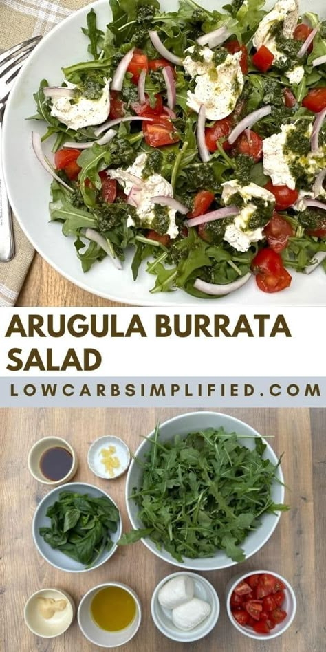 Burrata And Arugula Salad, Arugula Salad With Burrata, Arugula Barata Salad, Keto Recipes With Burrata, Burrata Keto Recipe, Keto Arugula Salad, Arugula Mozzarella Salad, Arugula Burrata Salad Recipes, Arugula Caprese Salad