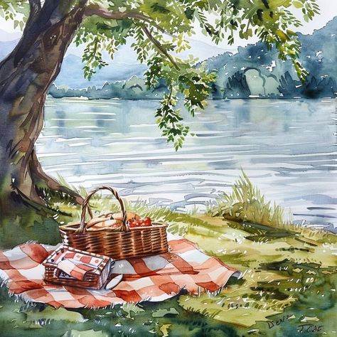 Picnic Scene Drawing, Countryside Drawing, Picnic Drawing, Picnic Painting, Smartwatch Wallpaper, Watercolor Scenery, Basic Painting, Indian Art Gallery, River Painting