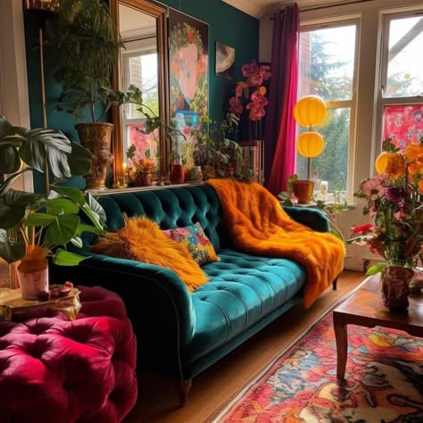 White Walls Colorful Furniture, Calm Maximalist Decor, Colorful Dark Living Room, Maximalist Lounge Room, Anthropology Home Interior Design, Maximalist Curtain Ideas, Splash Of Color Living Room, Maximalist Floor Lamp, Colourful Lounge Ideas